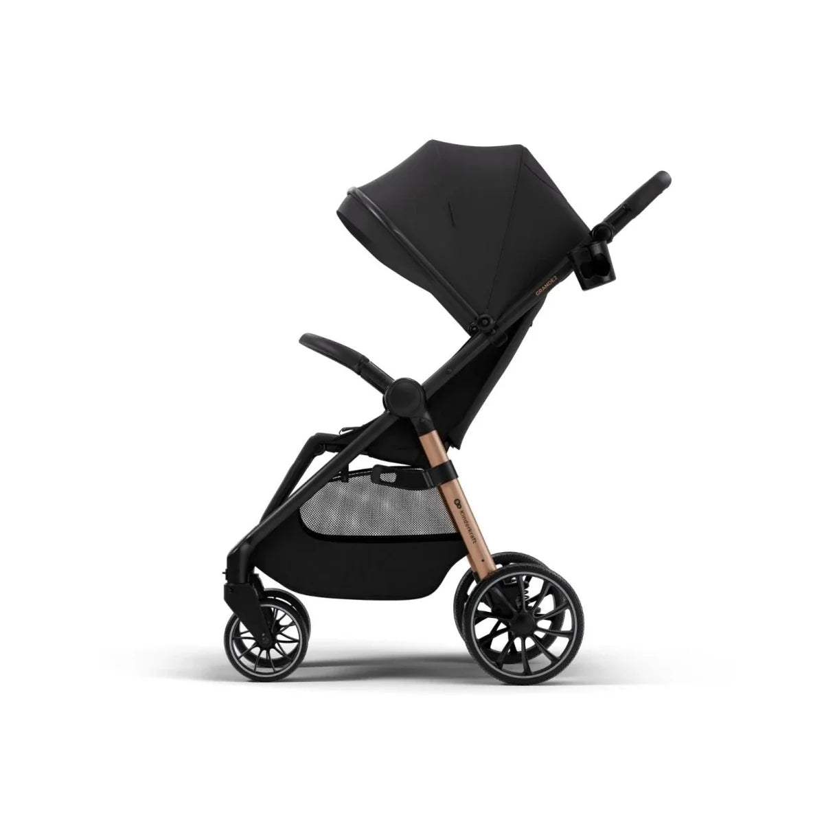Midnight black stroller side view with canopy and reclining seat on four wheels