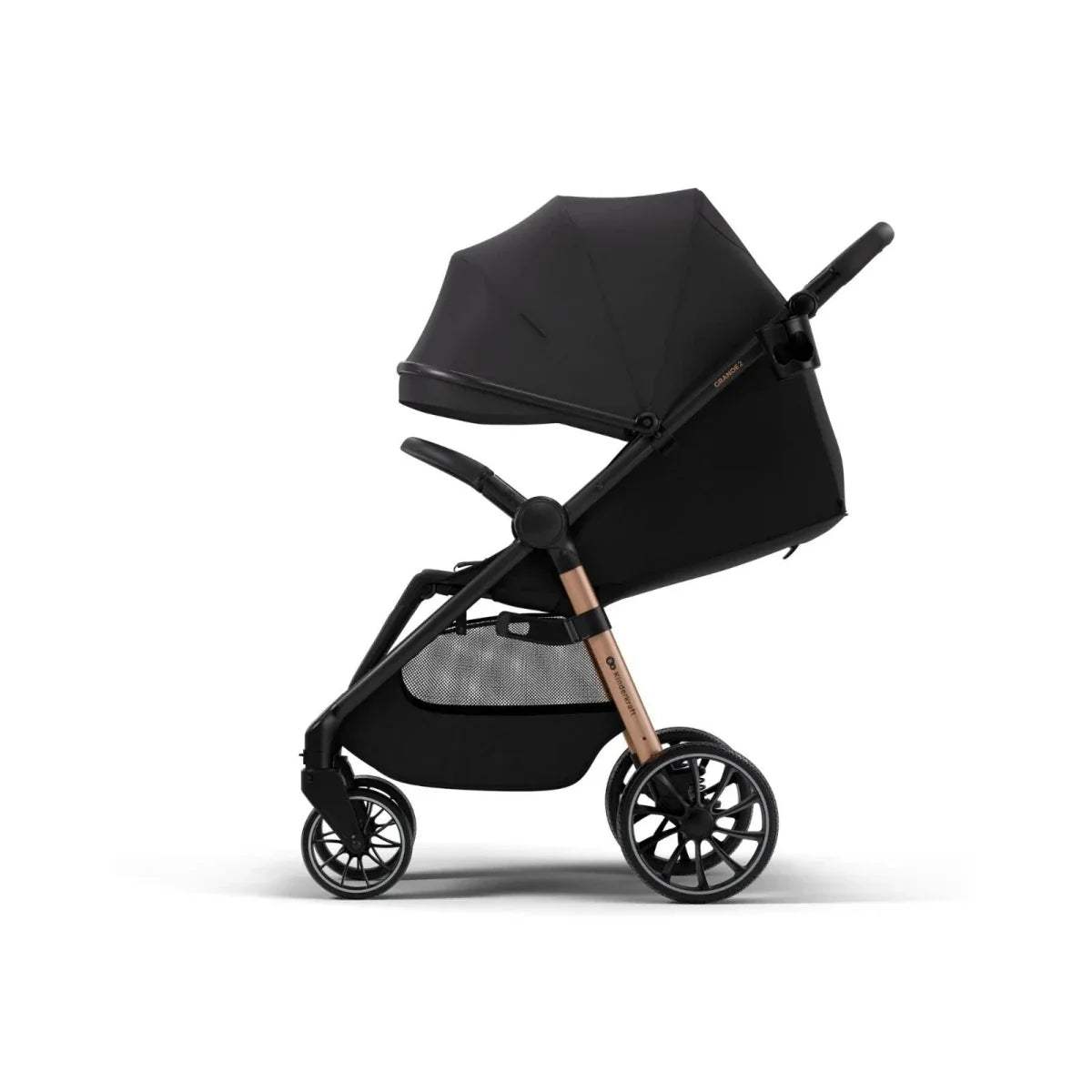 Midnight black stroller in profile with canopy, reclining seat, and 4-wheel base