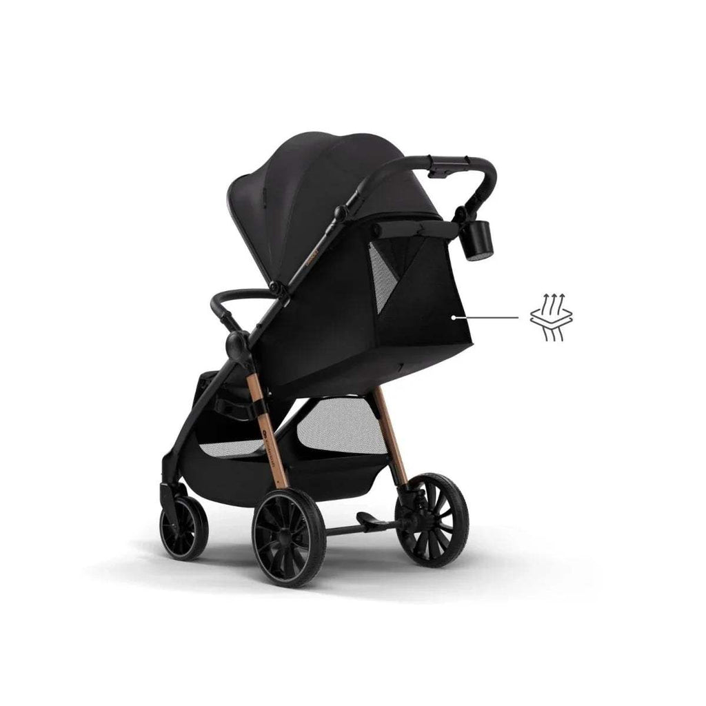 Midnight black stroller with canopy and seat, featuring a side mesh ventilation panel