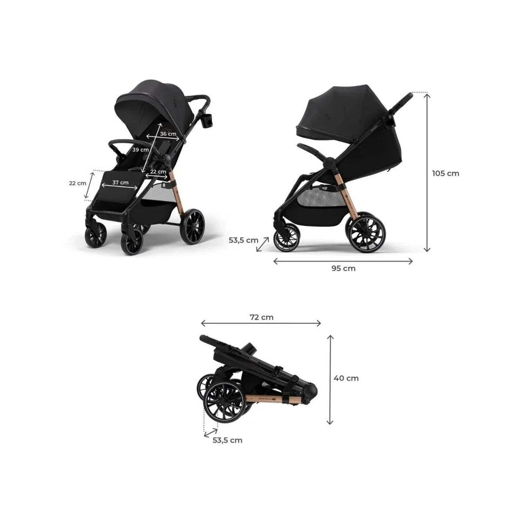 Stroller size diagram showing dimensions of black seat, canopy, and brown handlebar