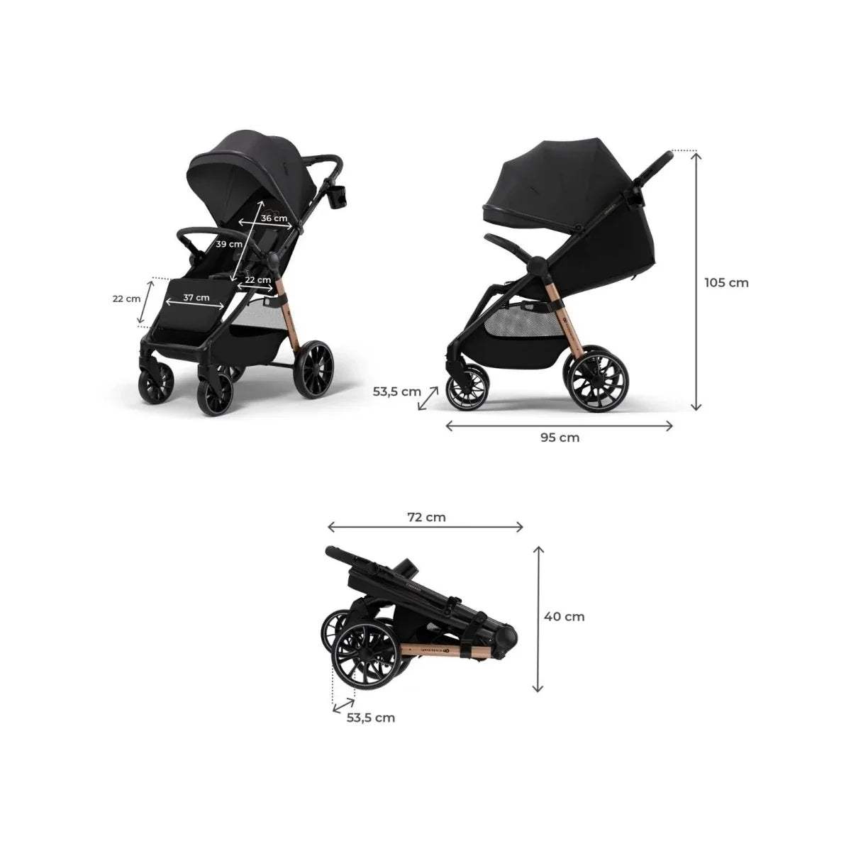 Stroller size diagram showing dimensions of black seat, canopy, and brown handlebar