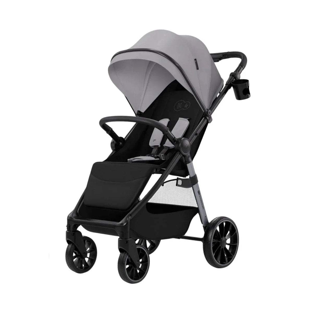 Grey toddler stroller with large canopy, black seat, and four swivel wheels