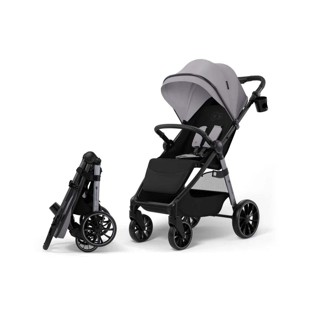 Grey stroller with black seat and canopy, front wheel set and push handle