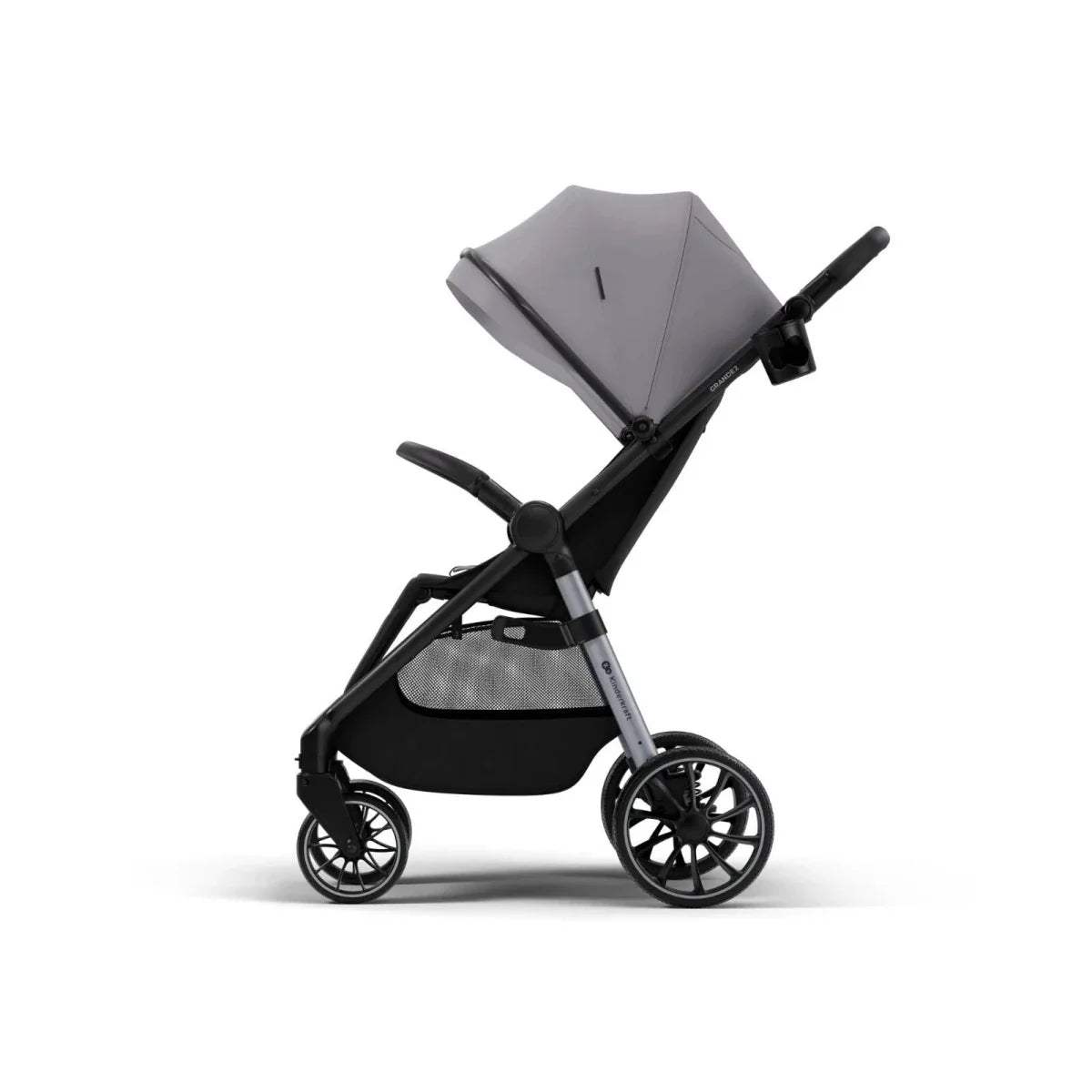 Grey stroller with black under-seat basket and canopy, side view with wheels