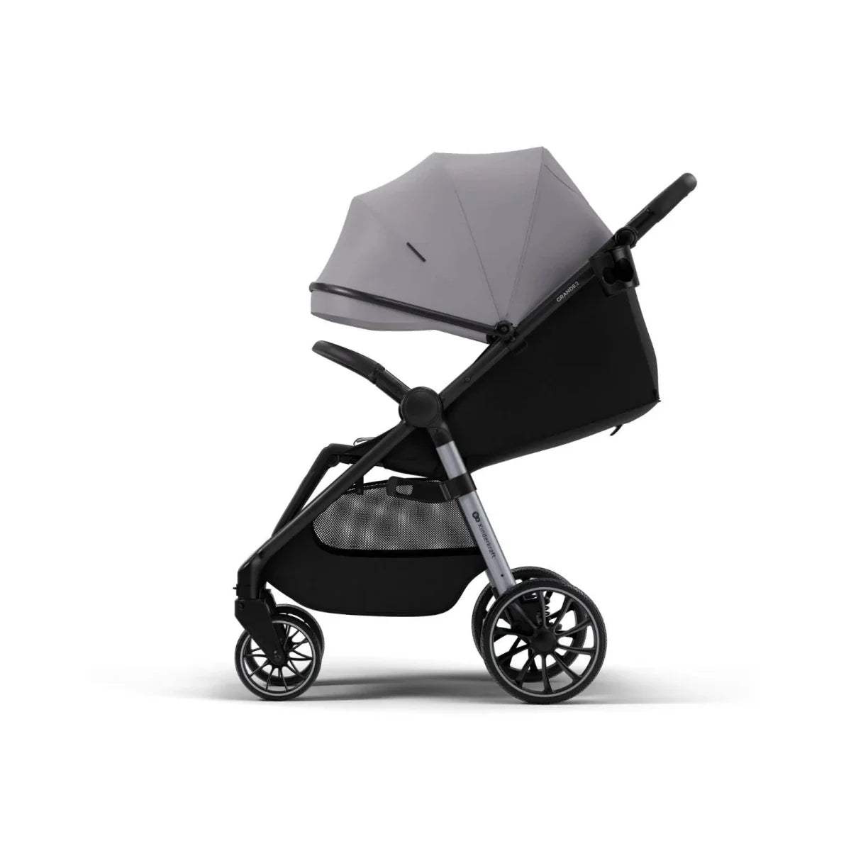 Grey stroller with black seat and canopy, side angle with front swivel wheels