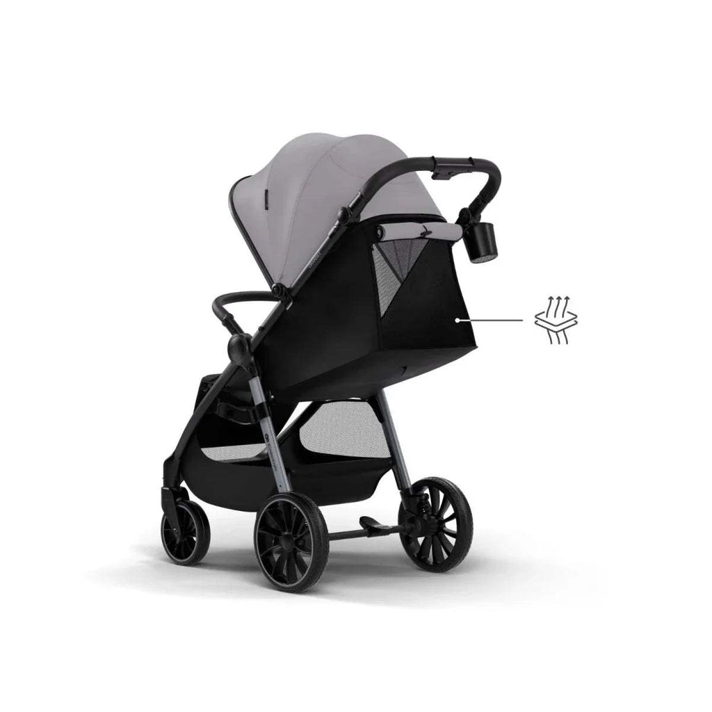 Grey stroller with black seat and safety harness, angled view of canopy