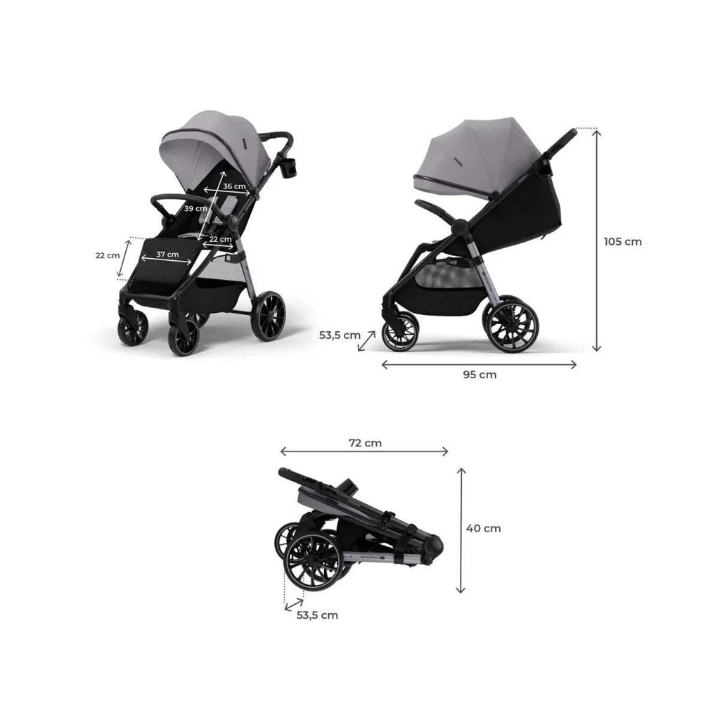 Grey stroller size diagram with dimensions showing folded frame and wheels