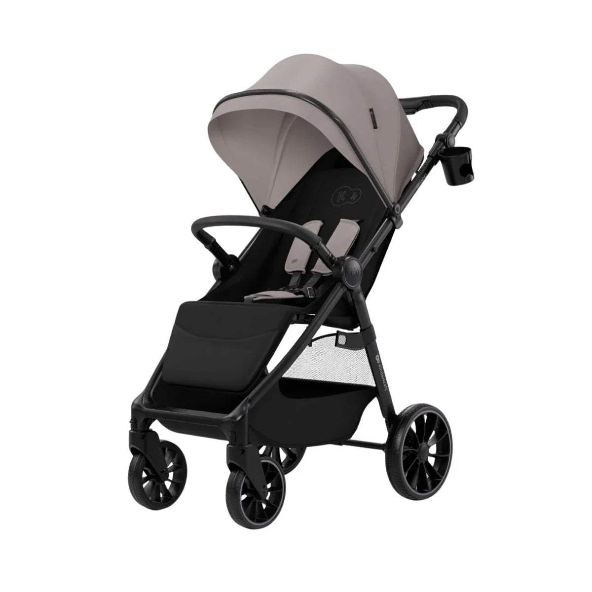 Sand beige stroller with canopy and black seat, compact 4-wheel design