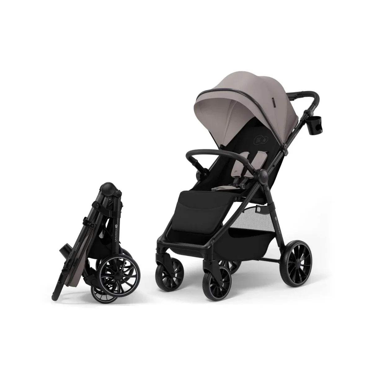 Sand beige stroller with black seat and canopy, plus folded compact base