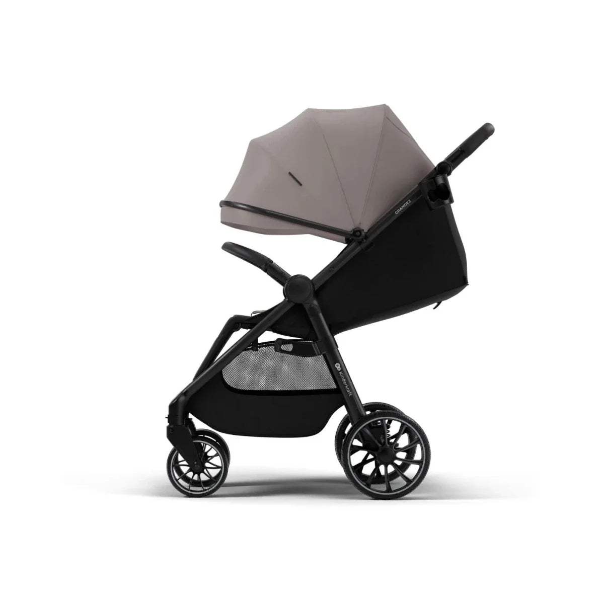 Sand beige stroller with canopy and black seat, angled side view with wheels