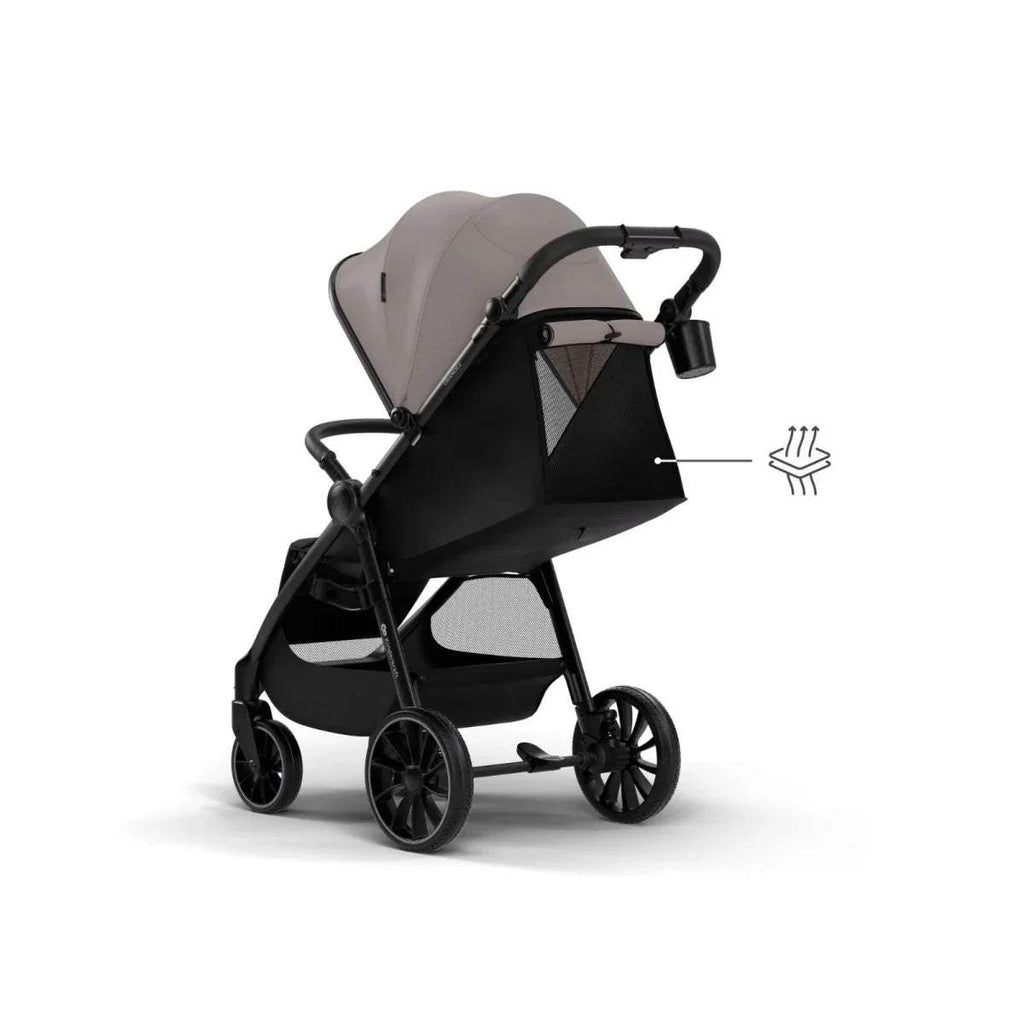 Sand beige stroller with canopy, black under-seat storage and seat panel, side view