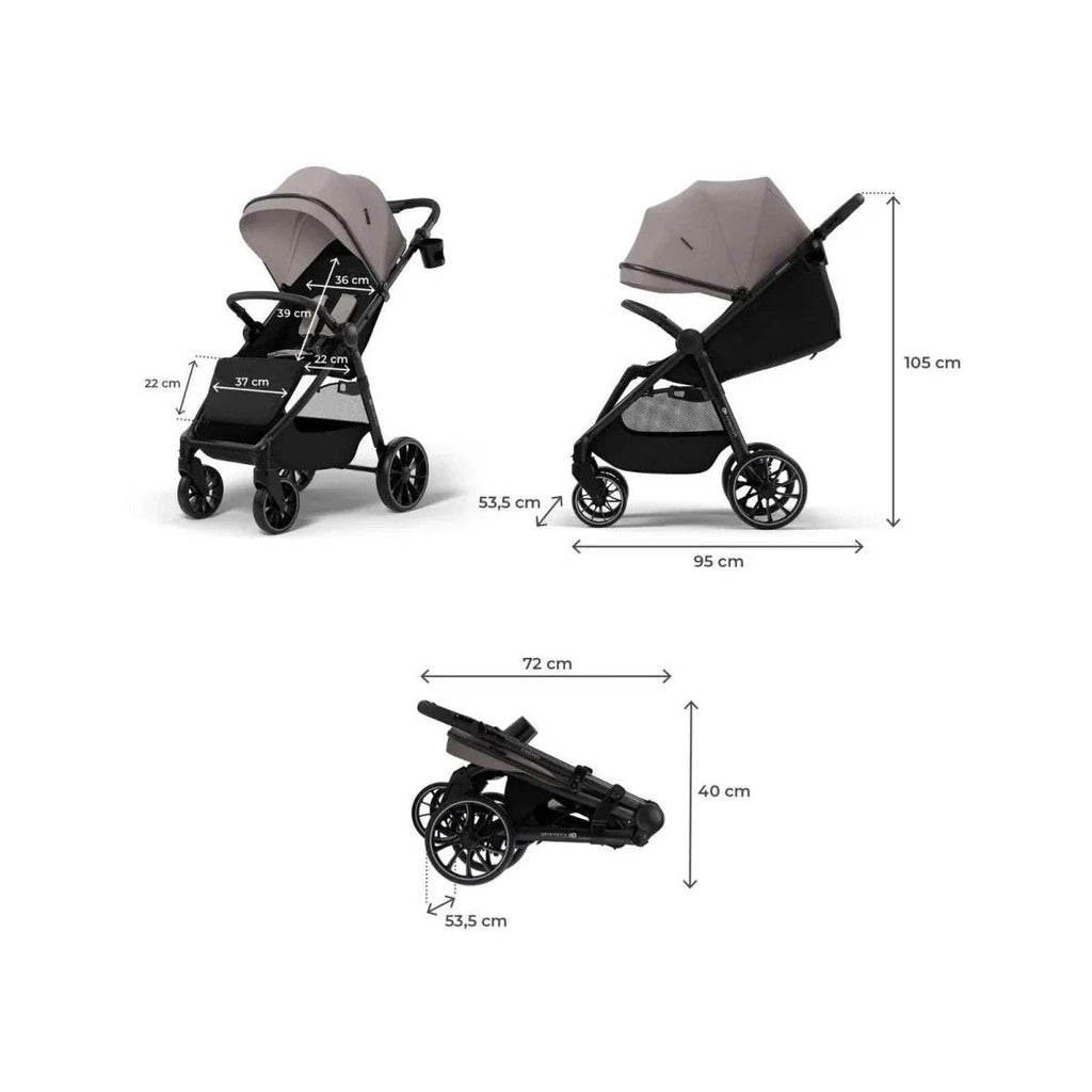Stroller dimensions view with sand beige canopy and black frame, measurement lines