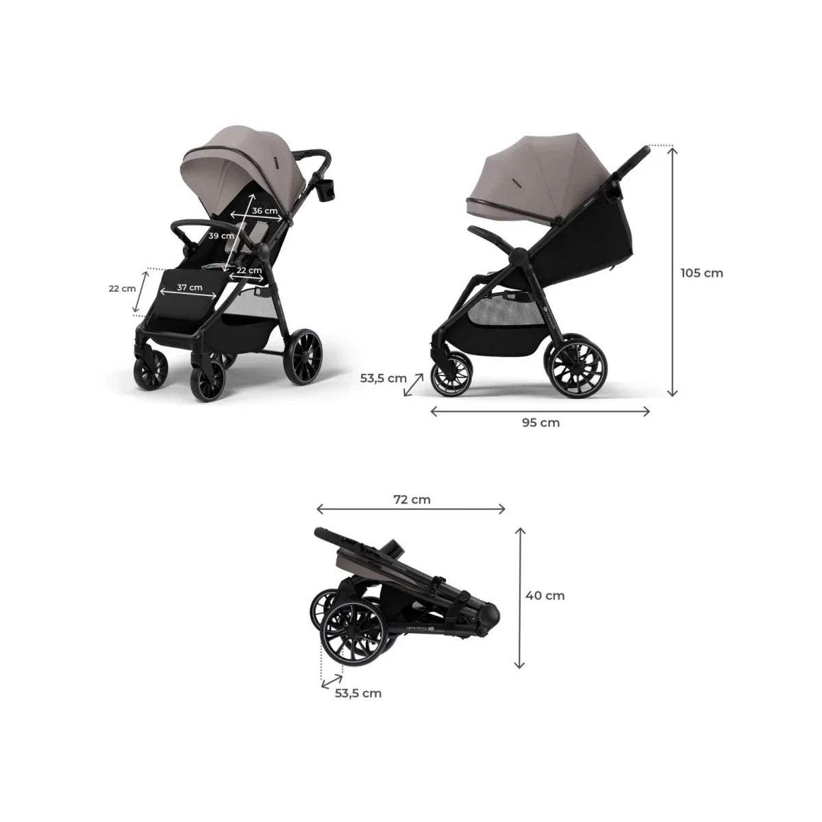 Stroller dimensions view with sand beige canopy and black frame, measurement lines