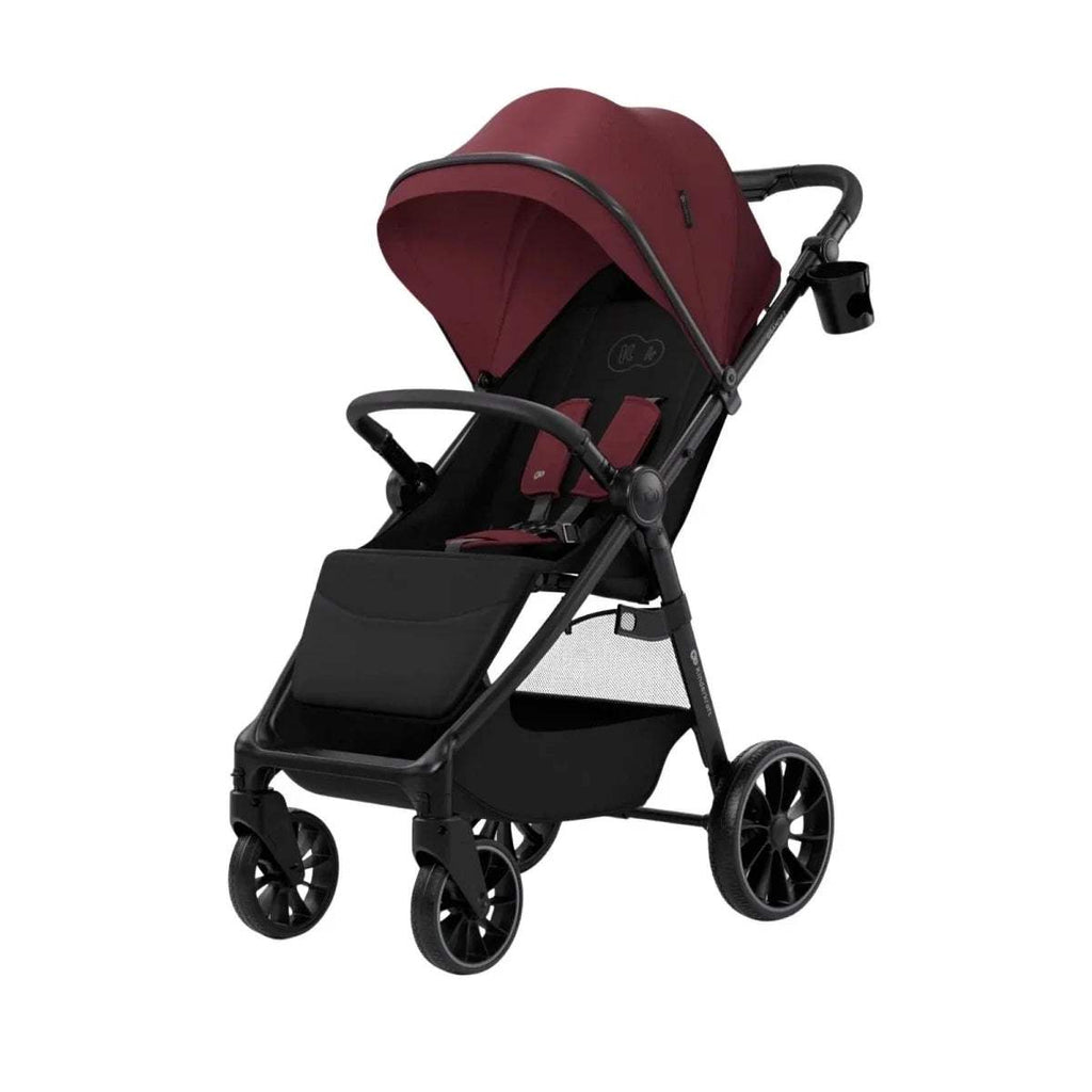 Dark ruby stroller with canopy and front seat, black frame and multi-wheel base