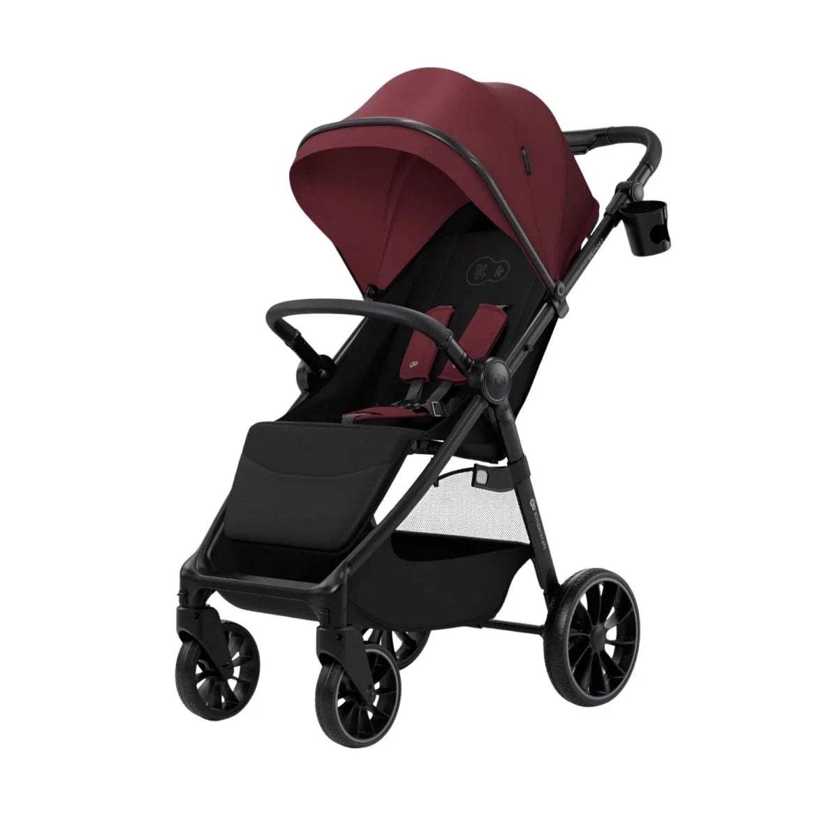 Dark ruby stroller with canopy and front seat, black frame and multi-wheel base