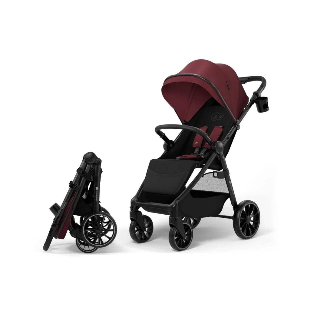Dark ruby stroller with canopy, black seat and storage basket, side view