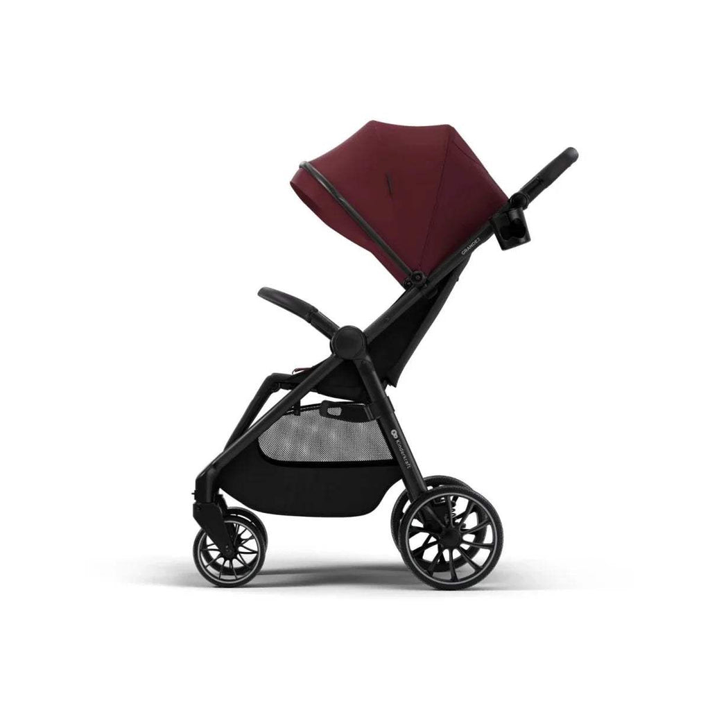 Dark ruby stroller seat with canopy, black frame and wheels, angled side view