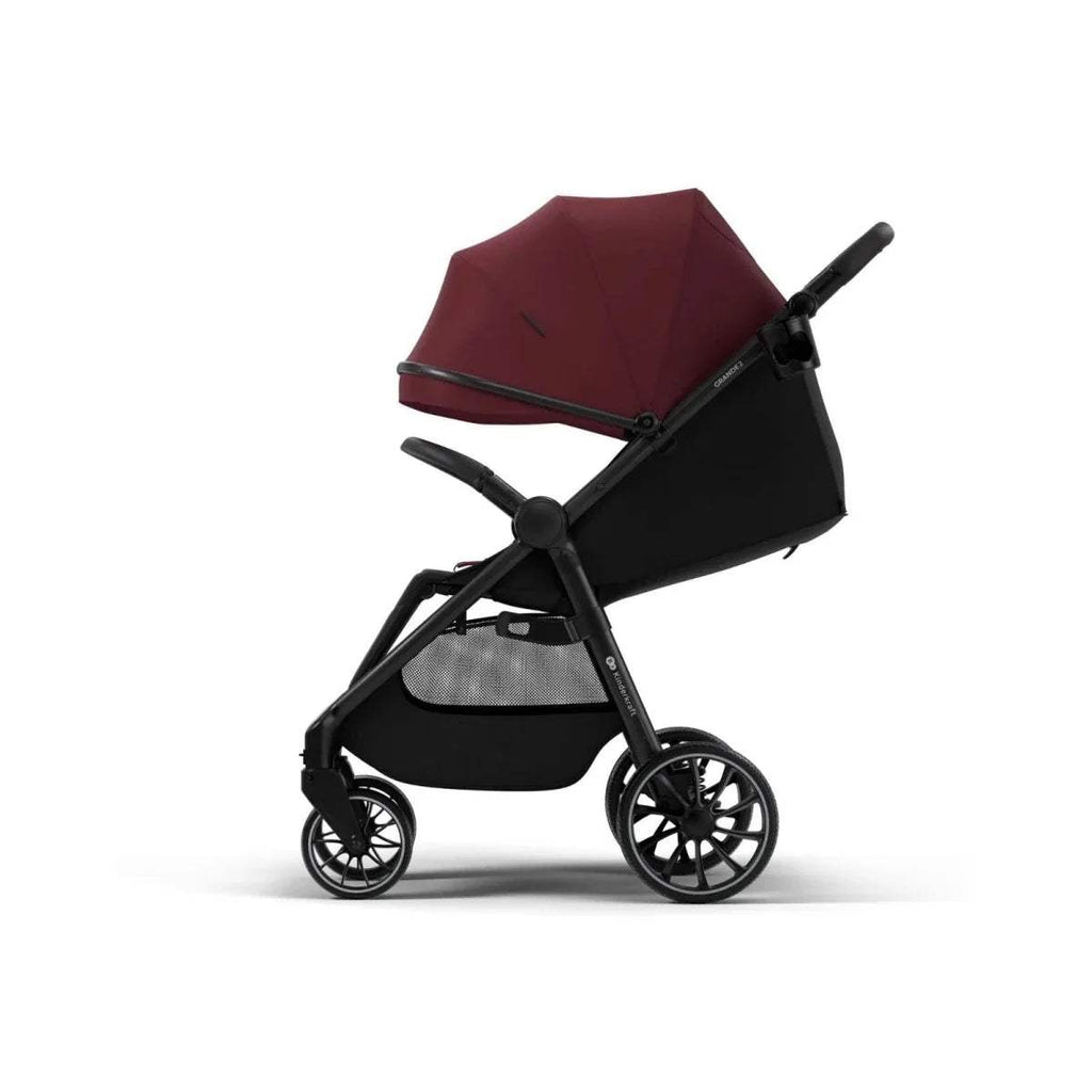 Dark ruby stroller canopy and seat back, black frame, side view