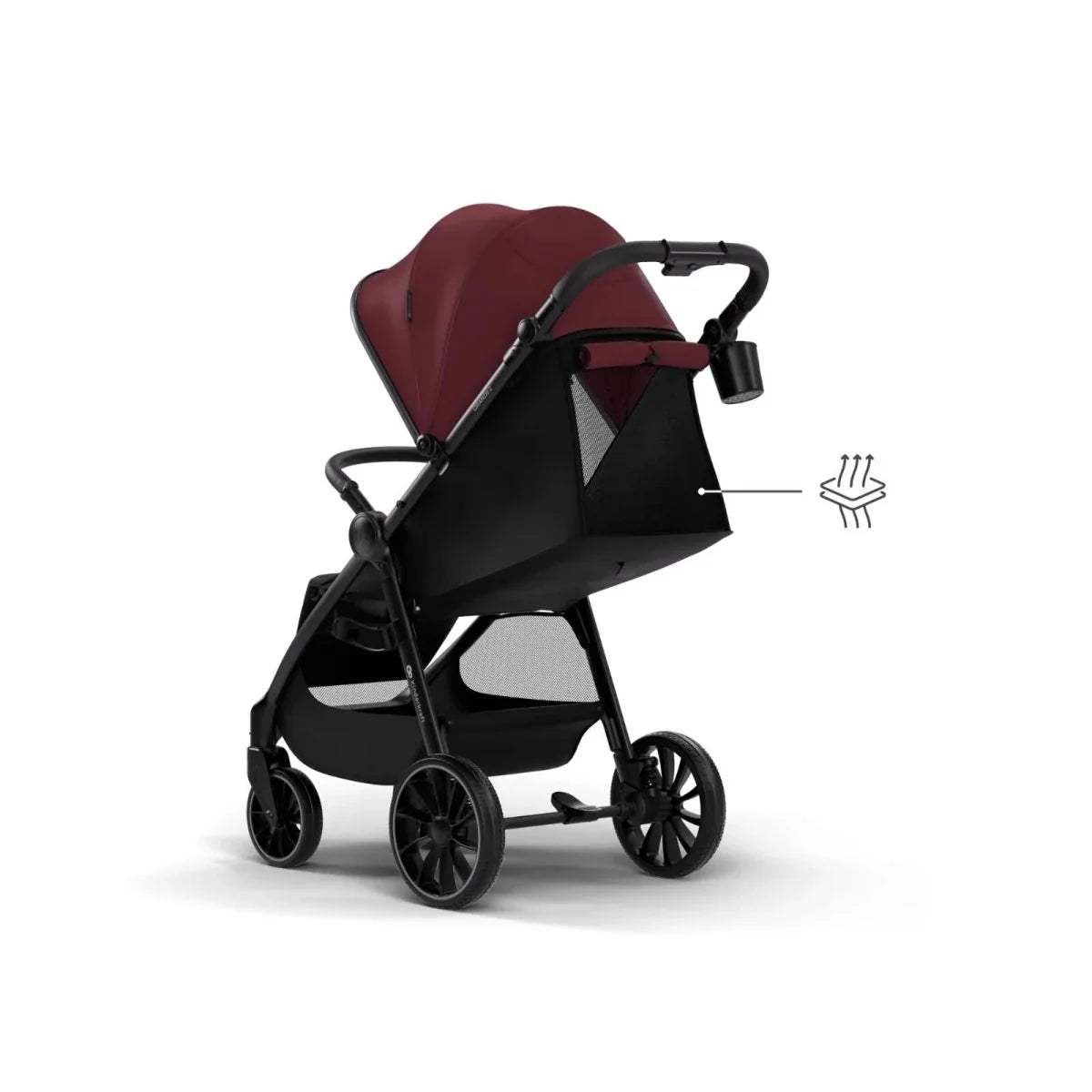 2-seat stroller with dark ruby hood and beige seat, black frame and wheels