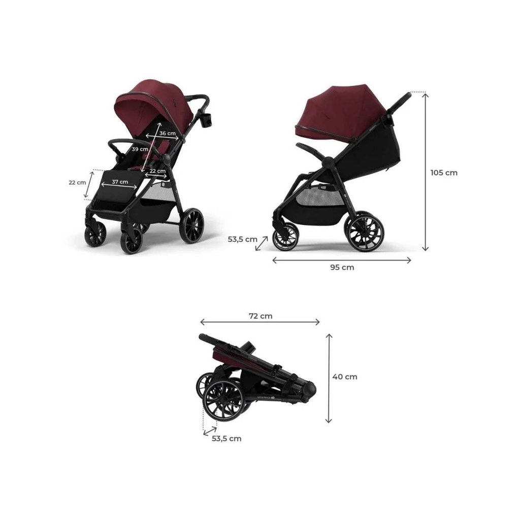 Folded stroller size diagram with dark ruby seat and black frame, measurement arrows