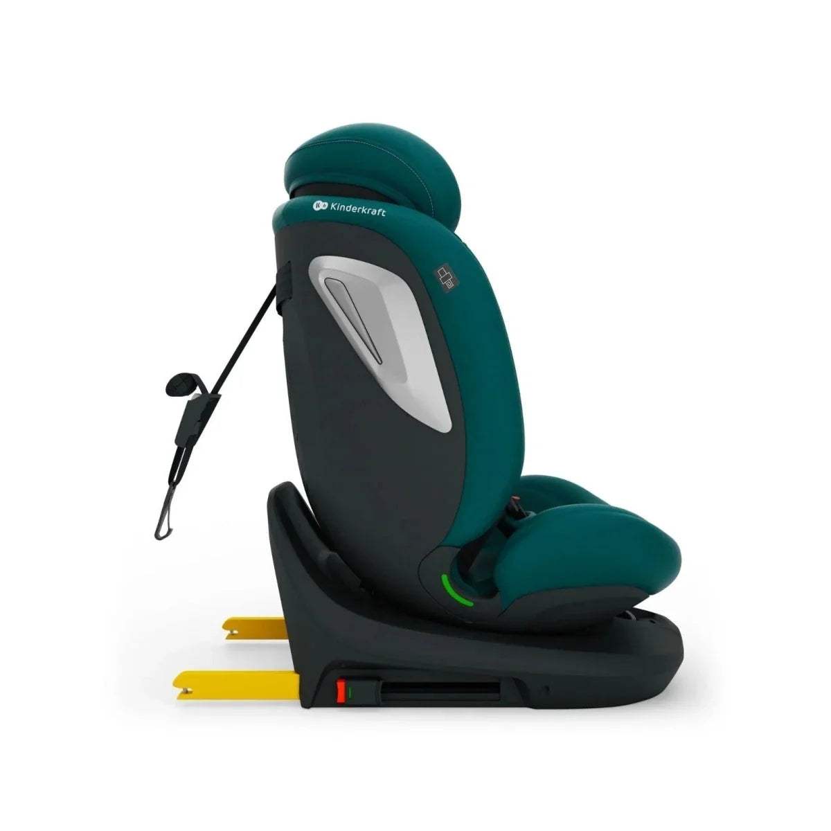 Green forward-facing car seat with harness and molded headrest on base