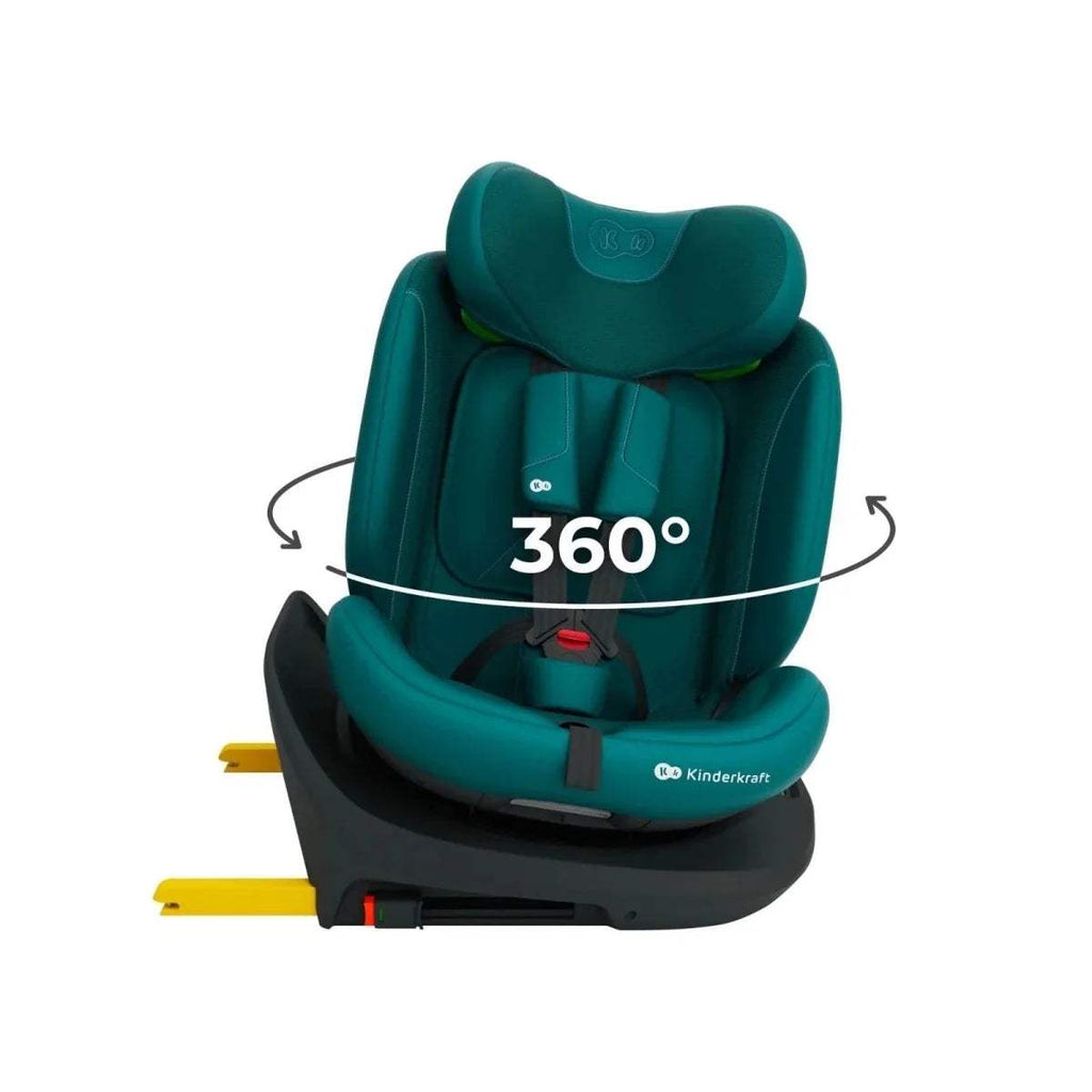 Green 360-degree rotating car seat with harness and padded headrest