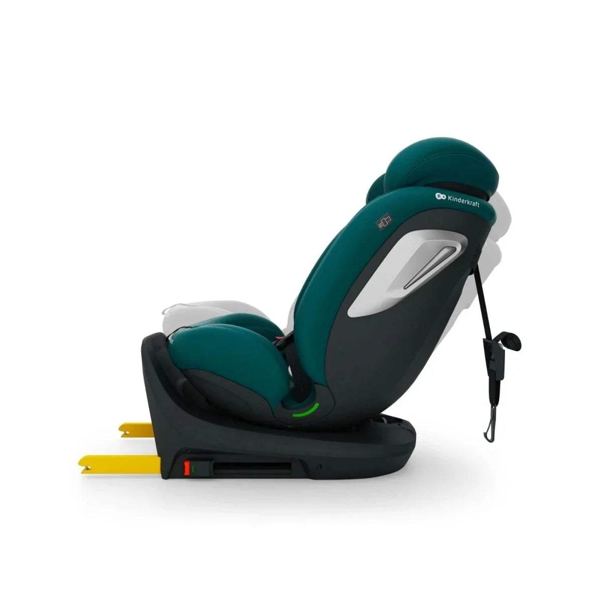 Green car seat side view with harness and adjustable padded headrest