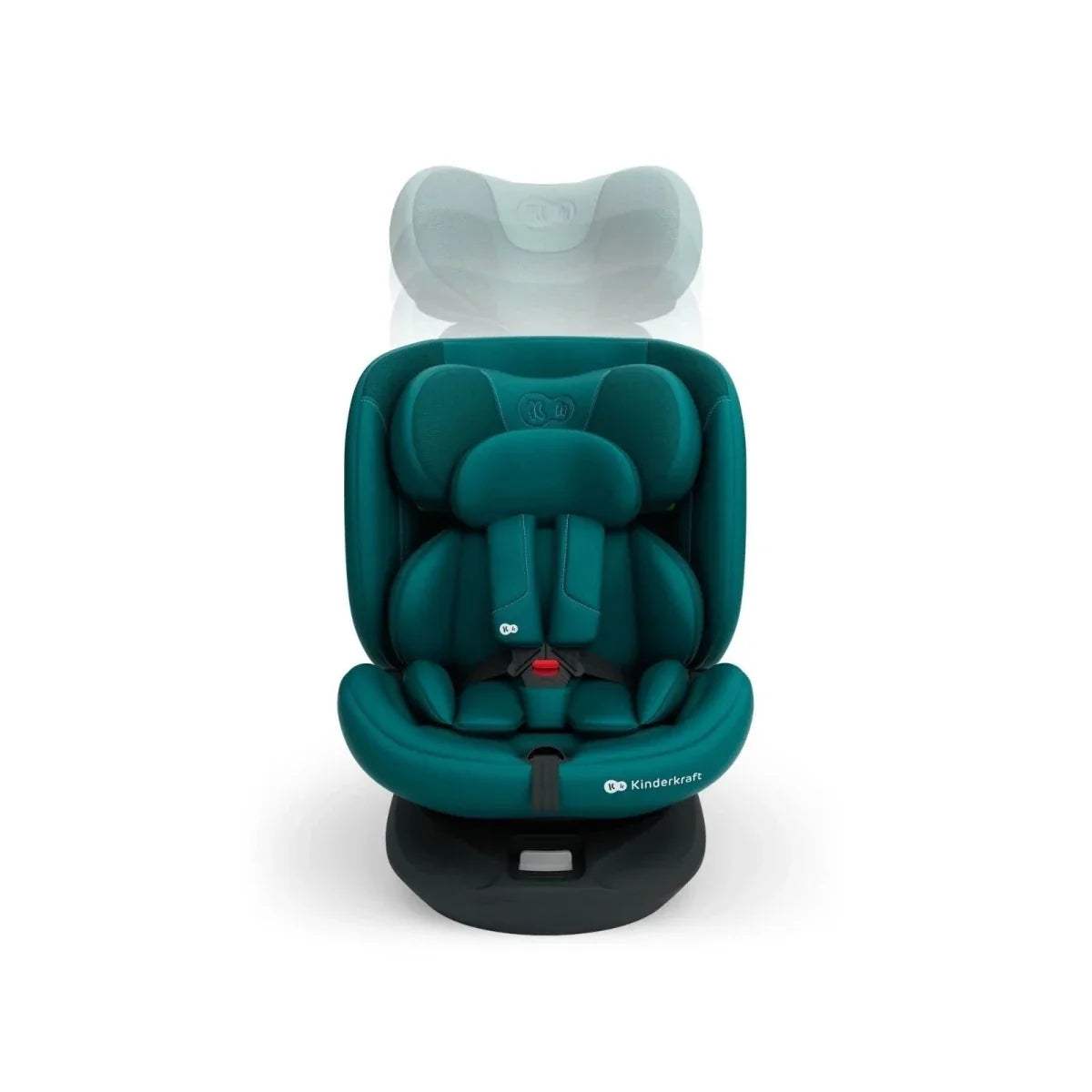 Green child car seat with padded insert and front harness buckle
