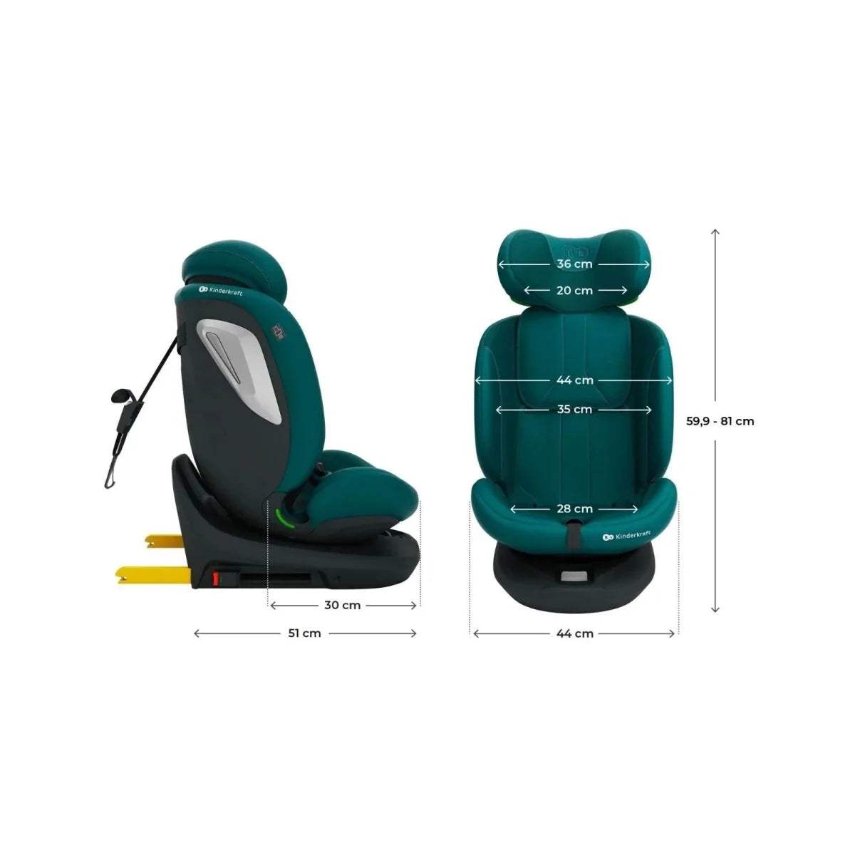 Green car seat with padded headrest and side wings, size diagram view