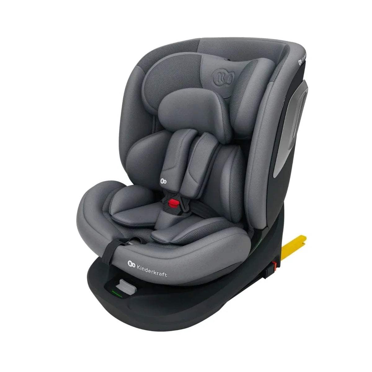 Grey car seat with headrest and harness, front three-quarter view