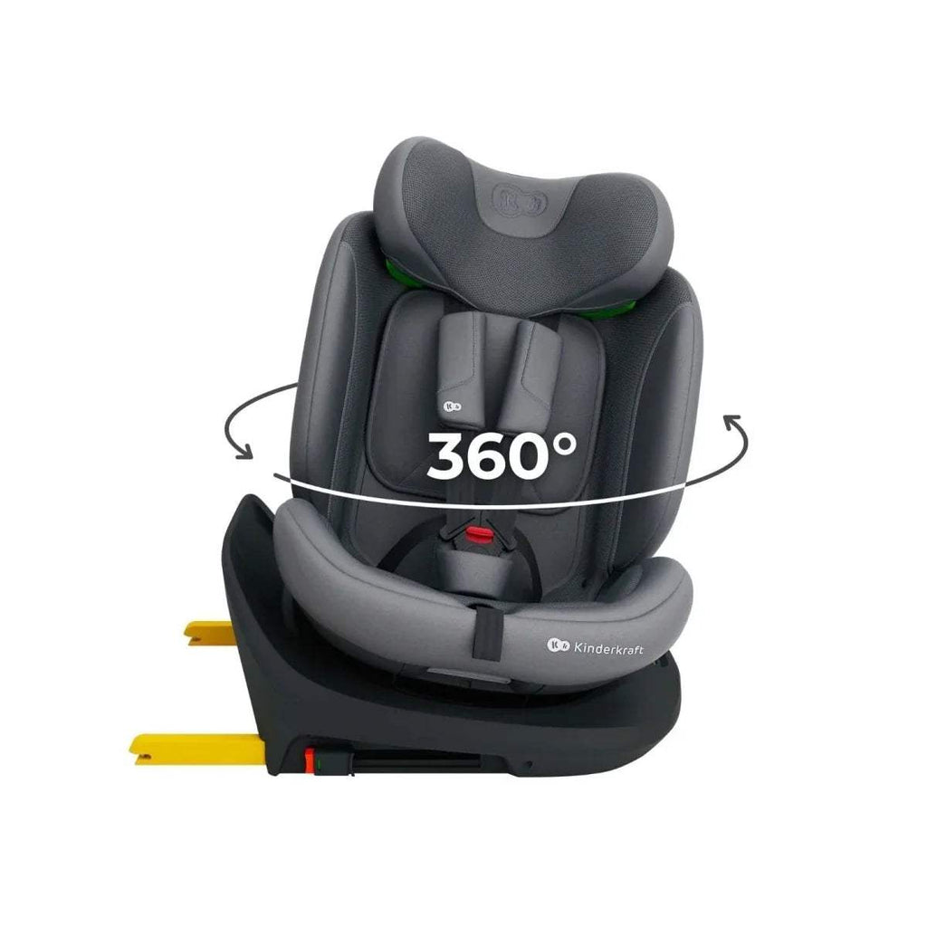 Grey car seat with 360° rotation arrows over headrest and base