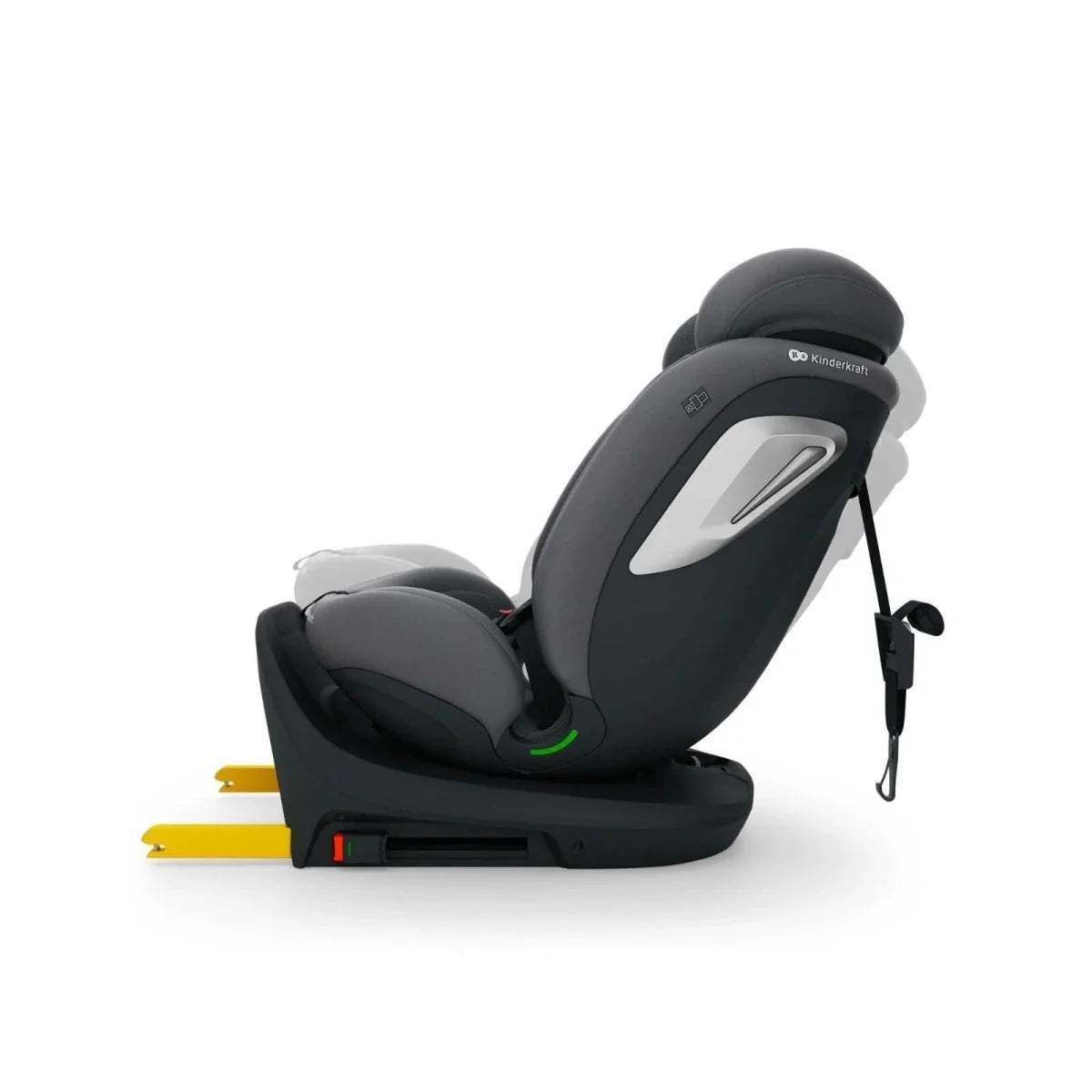 Grey car seat with side shield and harness, angled side view