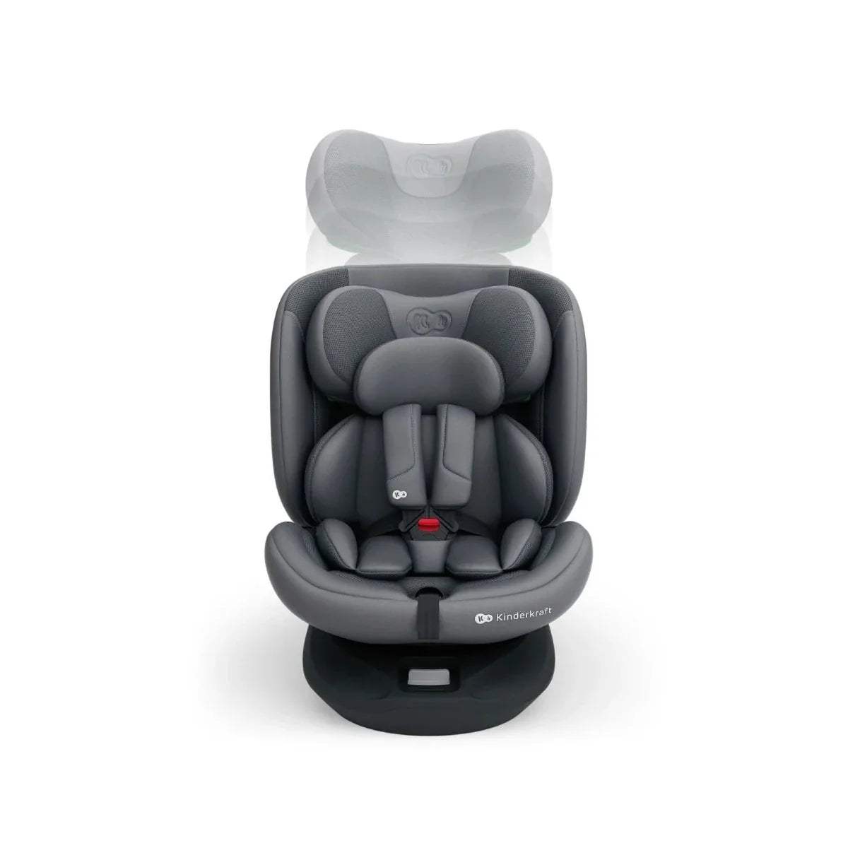 Grey car seat with padded headrest and five-point harness, front view