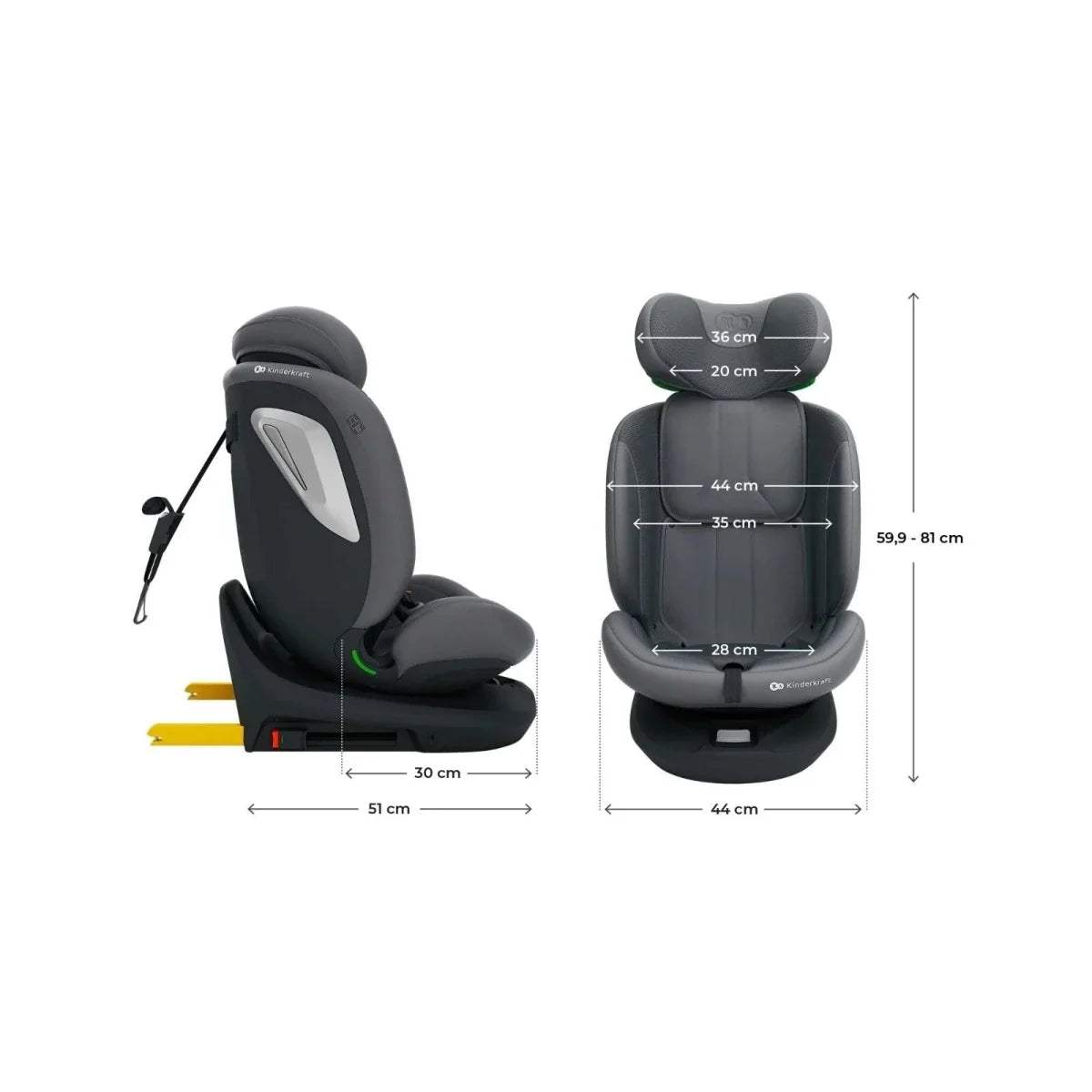 Grey car seat with size measurement diagram showing key dimensions