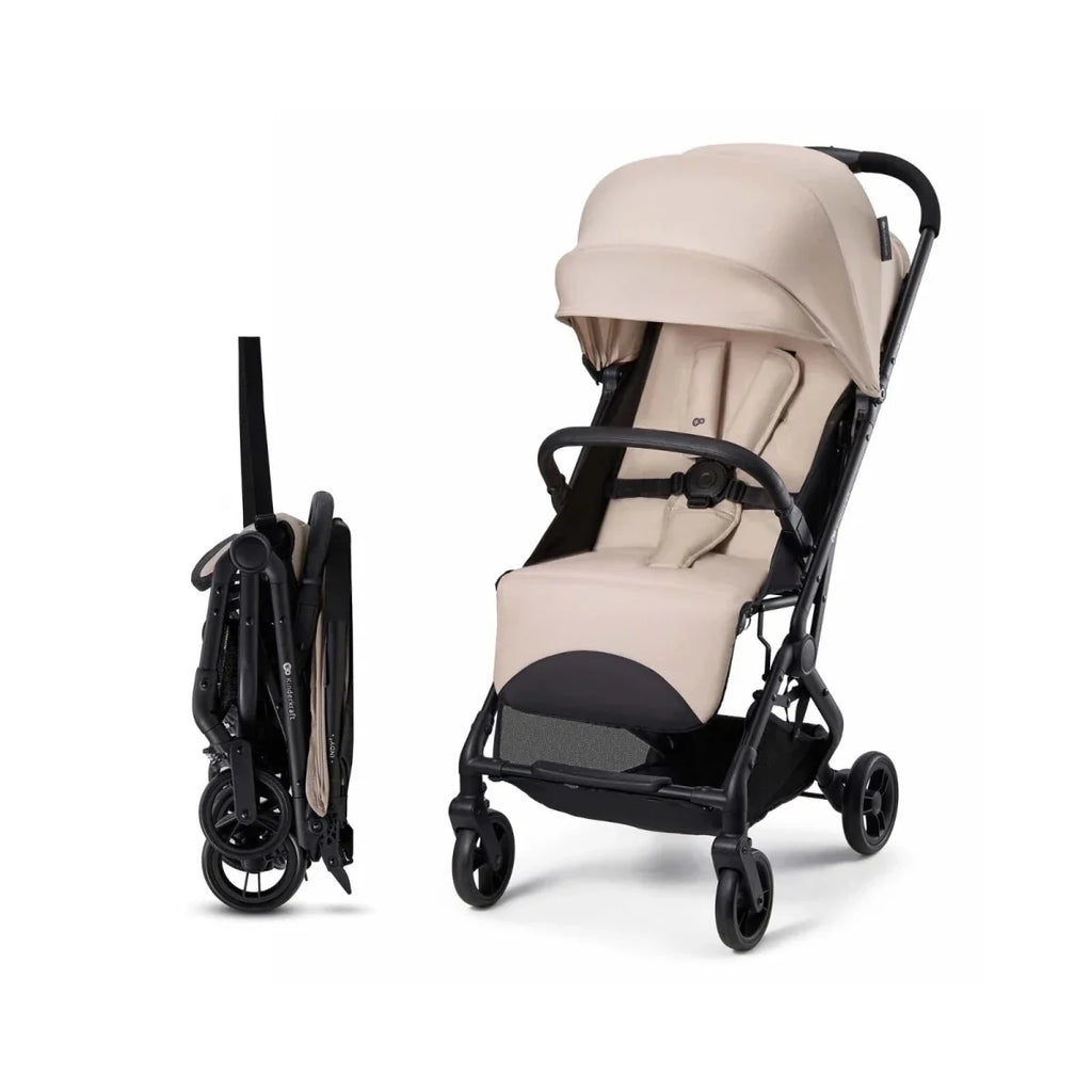 Kinderkraft Indy 3 stroller in misty beige; front view with black wheels and folded model