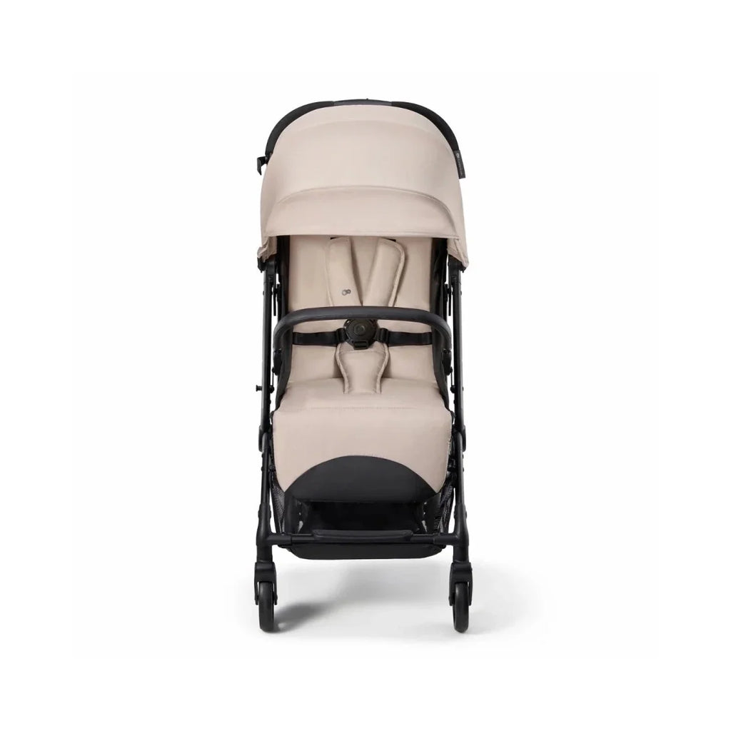 Kinderkraft Indy 3 stroller in misty beige, front view with black bumper bar