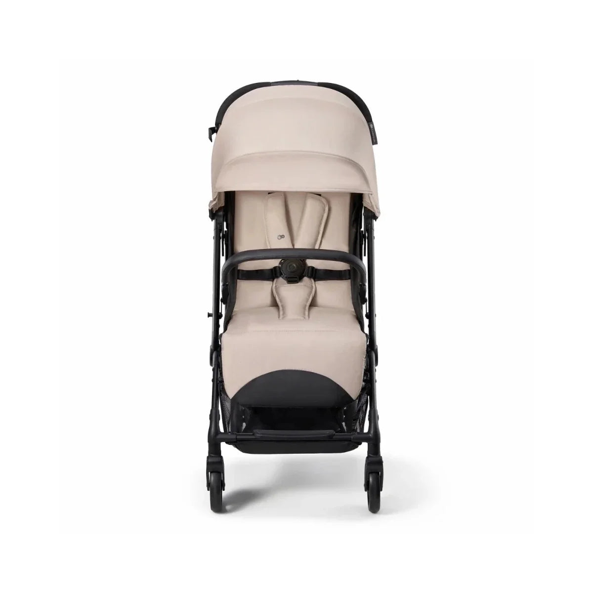 Kinderkraft Indy 3 stroller in misty beige, front view with black bumper bar