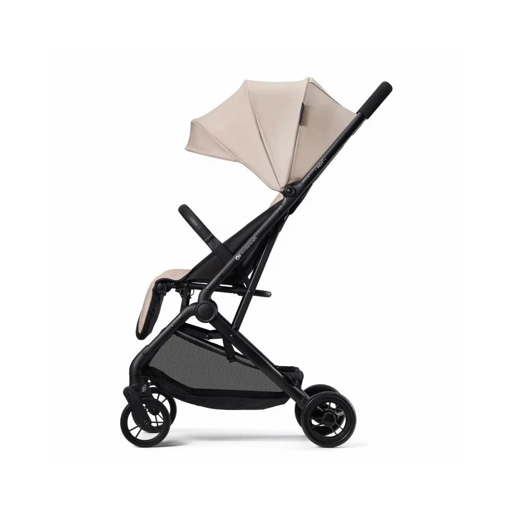 Kinderkraft Indy 3 stroller in misty beige with black undercarriage and side view