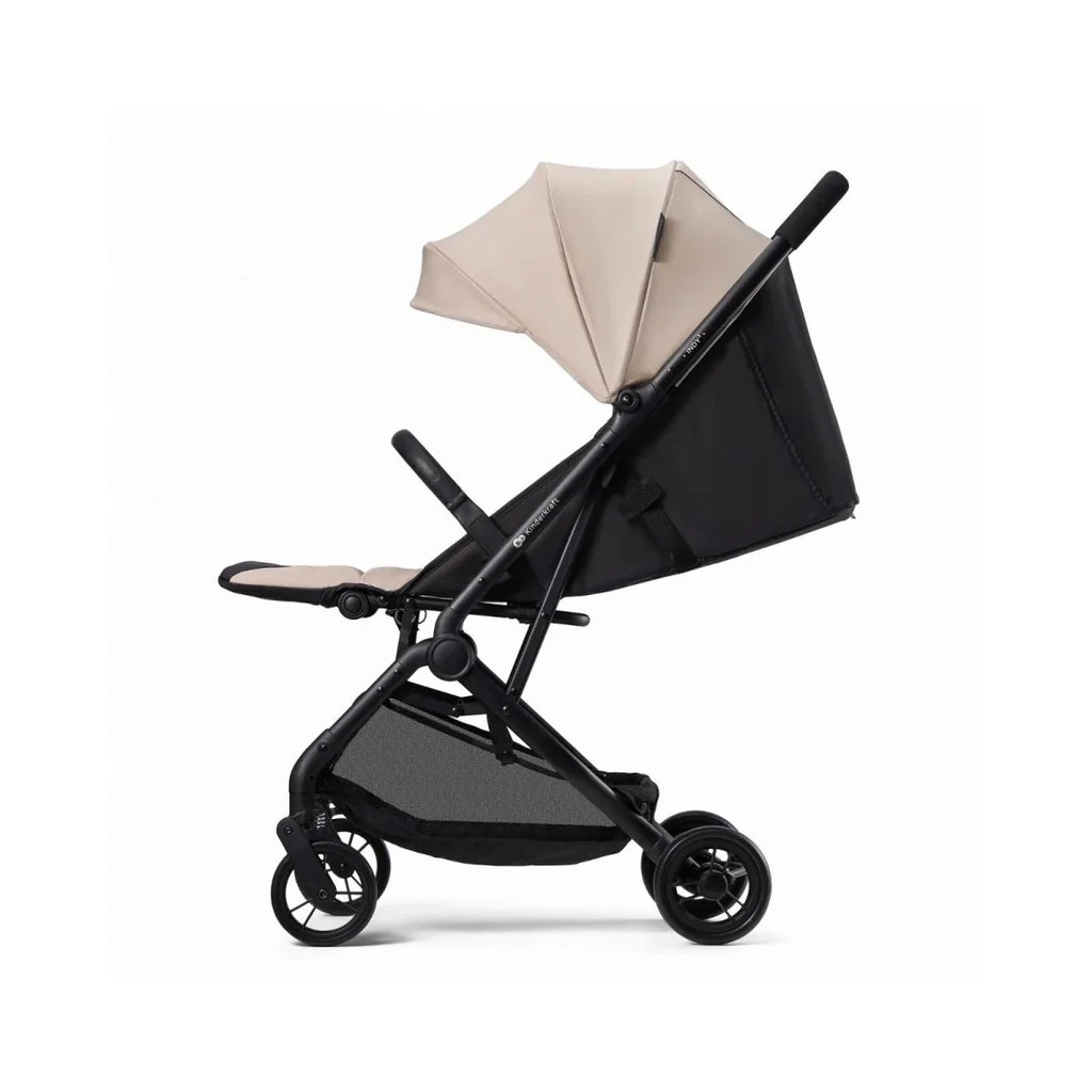 Kinderkraft Indy 3 stroller in misty beige with black hood and seat side profile