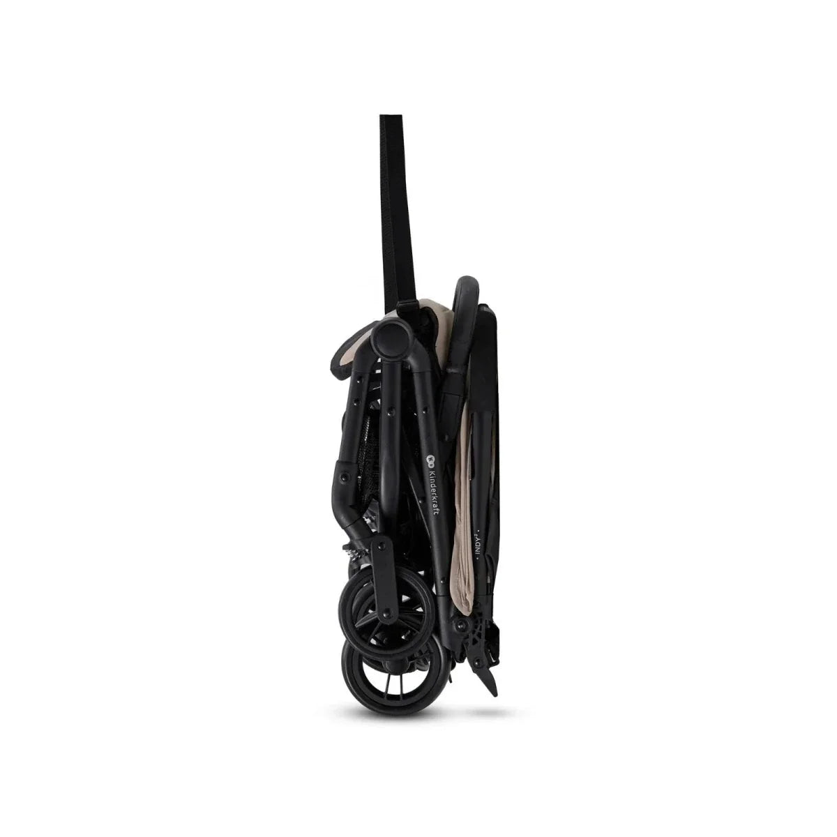 Kinderkraft Indy 3 stroller folded in black with compact wheels and stand