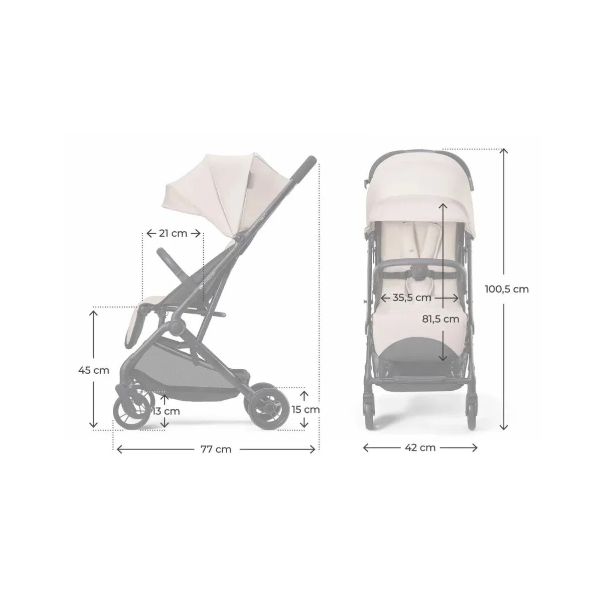 Kinderkraft Indy 3 stroller size diagram with beige seat, canopy, and dimensions