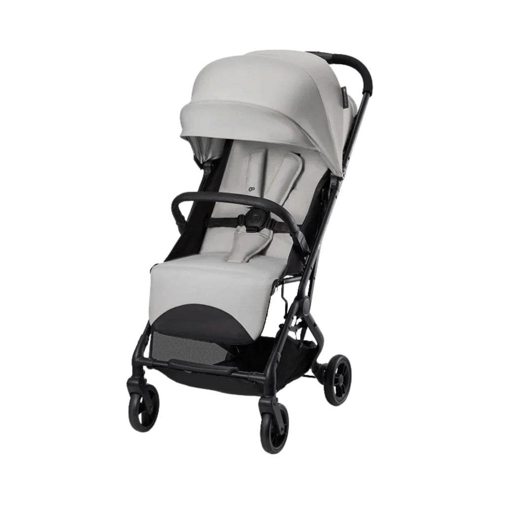 Grey stroller with black frame, padded seat and canopy, front swivel wheels