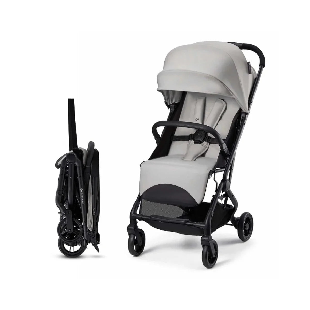 Grey and black stroller with padded seat, canopy, and compact fold frame