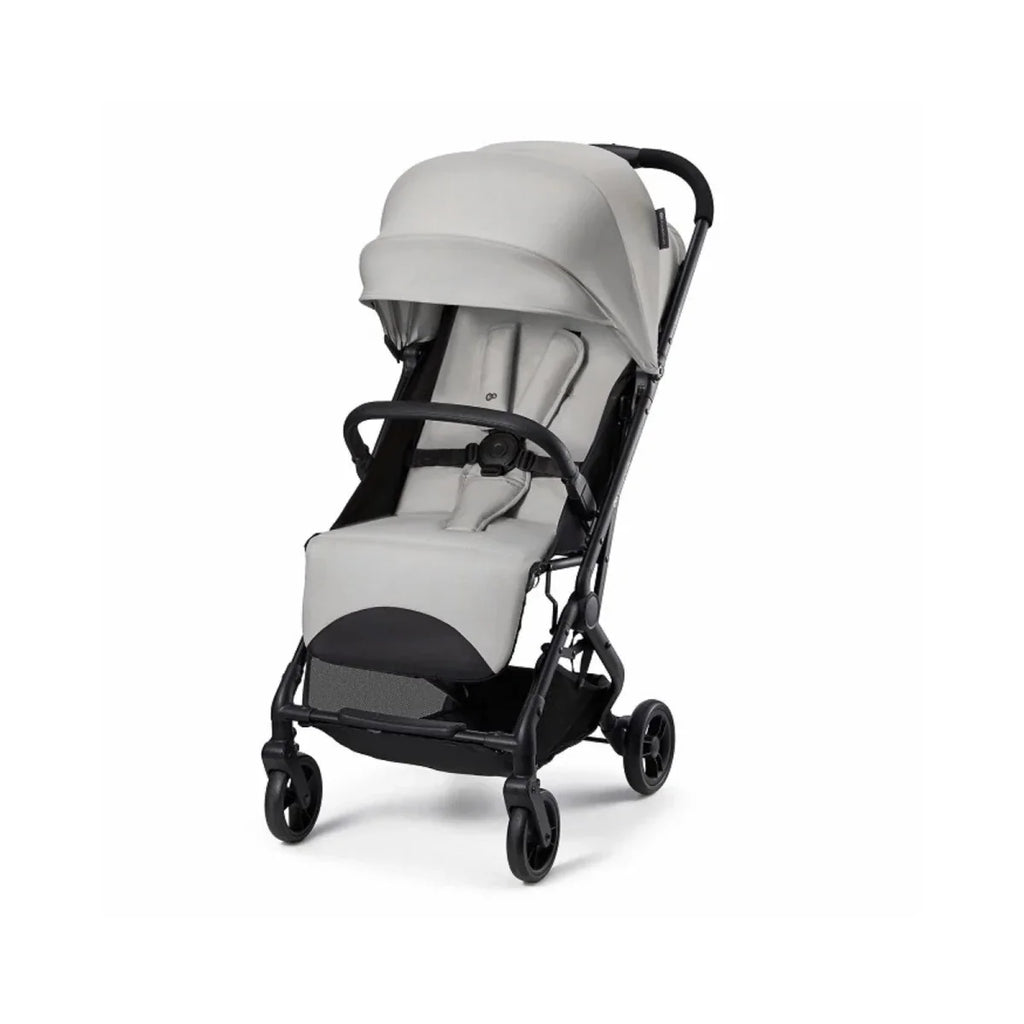 Grey stroller with black frame and canopy, padded seat with dark insert panel