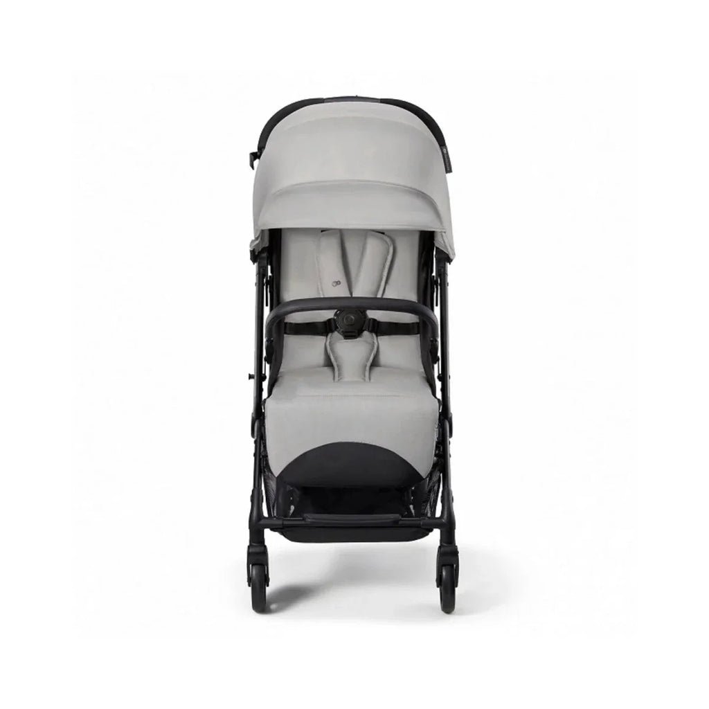 Front view of grey stroller with black frame, padded seat and full canopy