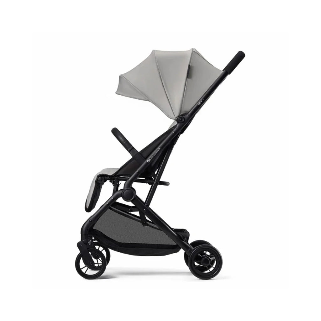 Grey stroller with black frame, side seat view, canopy and front swivel wheels