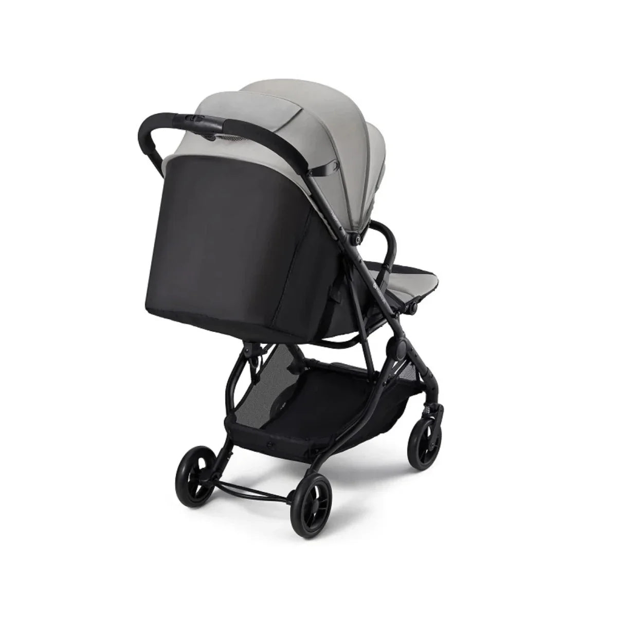 Grey stroller canopy over padded seat with black lower panel and storage basket