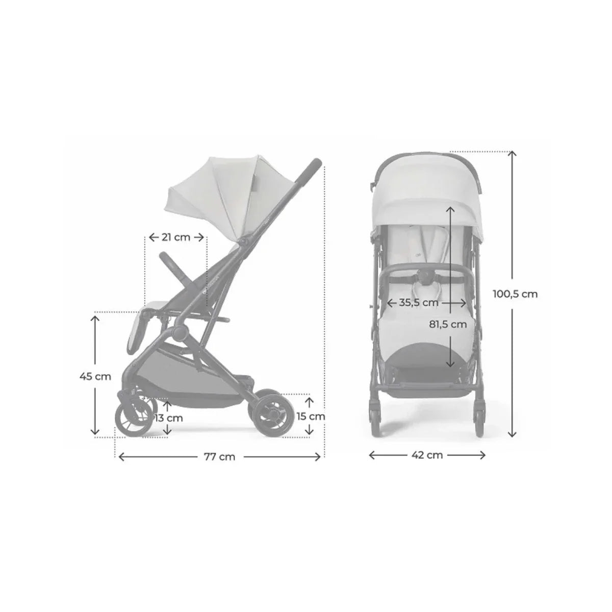 Grey stroller with measurement diagram showing folded and open dimensions