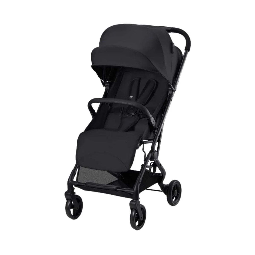 Coal black 3-wheel stroller with reclining seat and canopy, front view