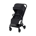 Coal black 3-wheel stroller with reclining seat and canopy, front view